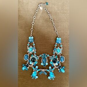 White House Black Market Silvertoned Multi-Blue Statement Bib Necklace 19”